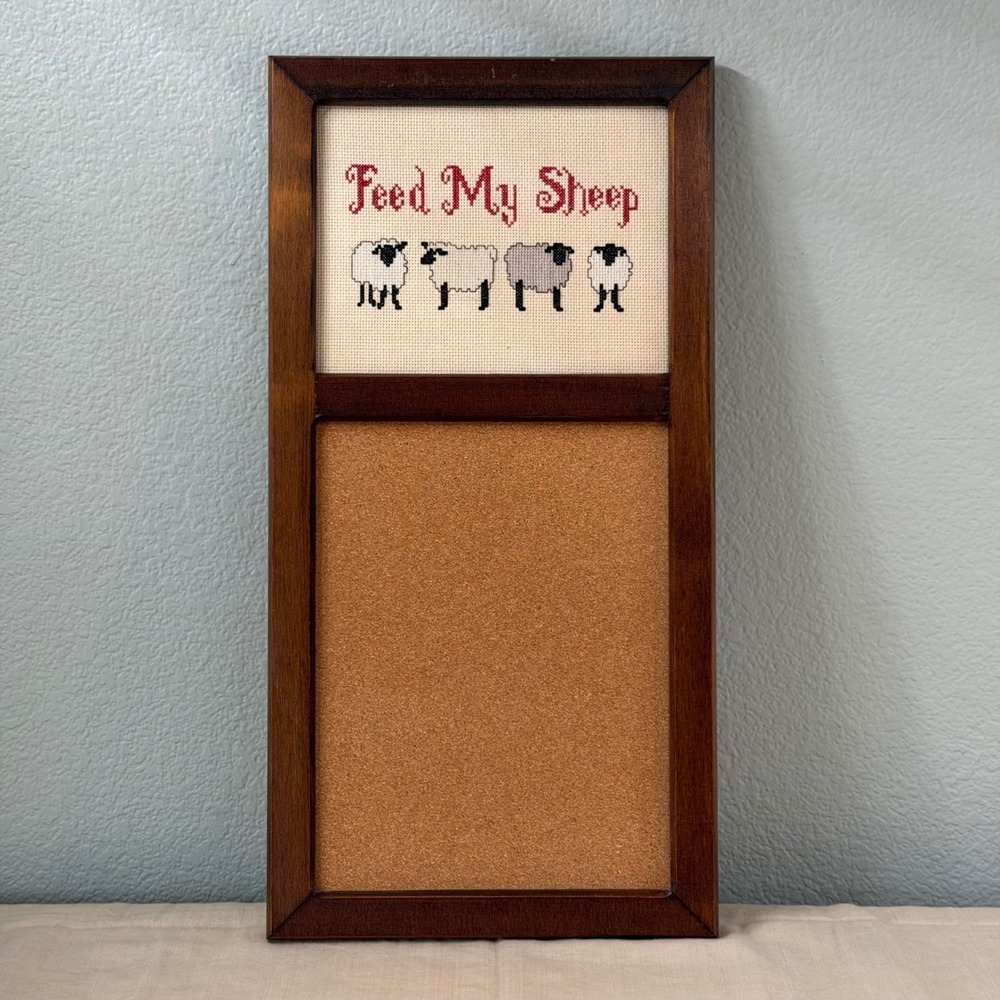 Vintage Feed My Sheep Memo Board Cork Board Wall Organizer Framed Cross Stitch - Picture 2 of 10